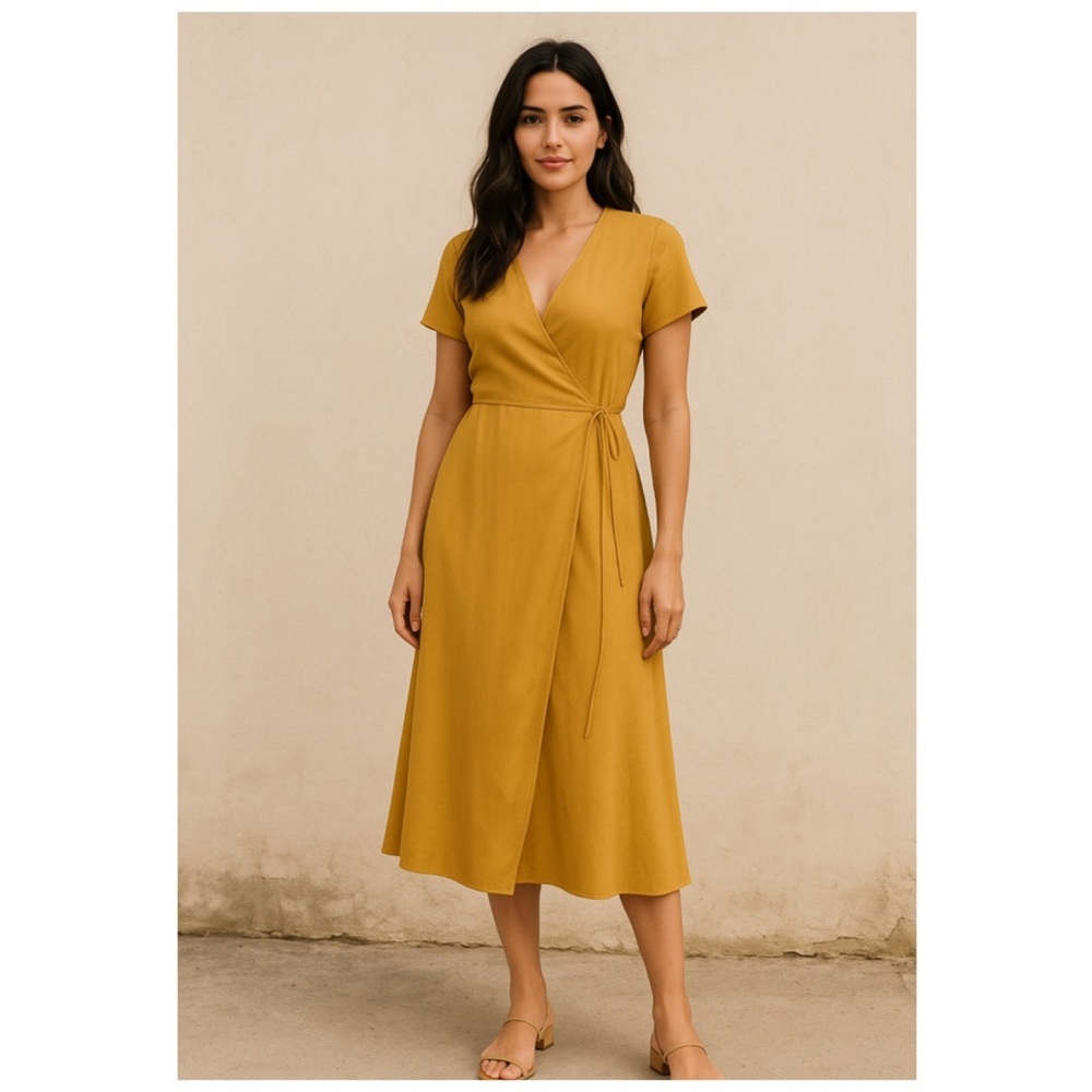 Aritzia Babaton Wrap Midi Dress Mustard Yellow Short Sleeve XXS NWT